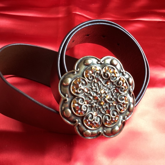 Brown Brass Orange Rhinestone Leather Belt main image 7